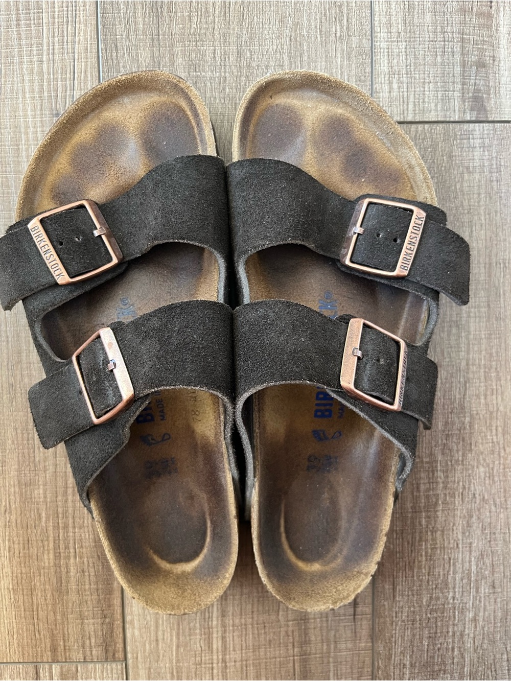 Birkenstock Arizona Black Suede Double Strap Sandals with Gold Buckles